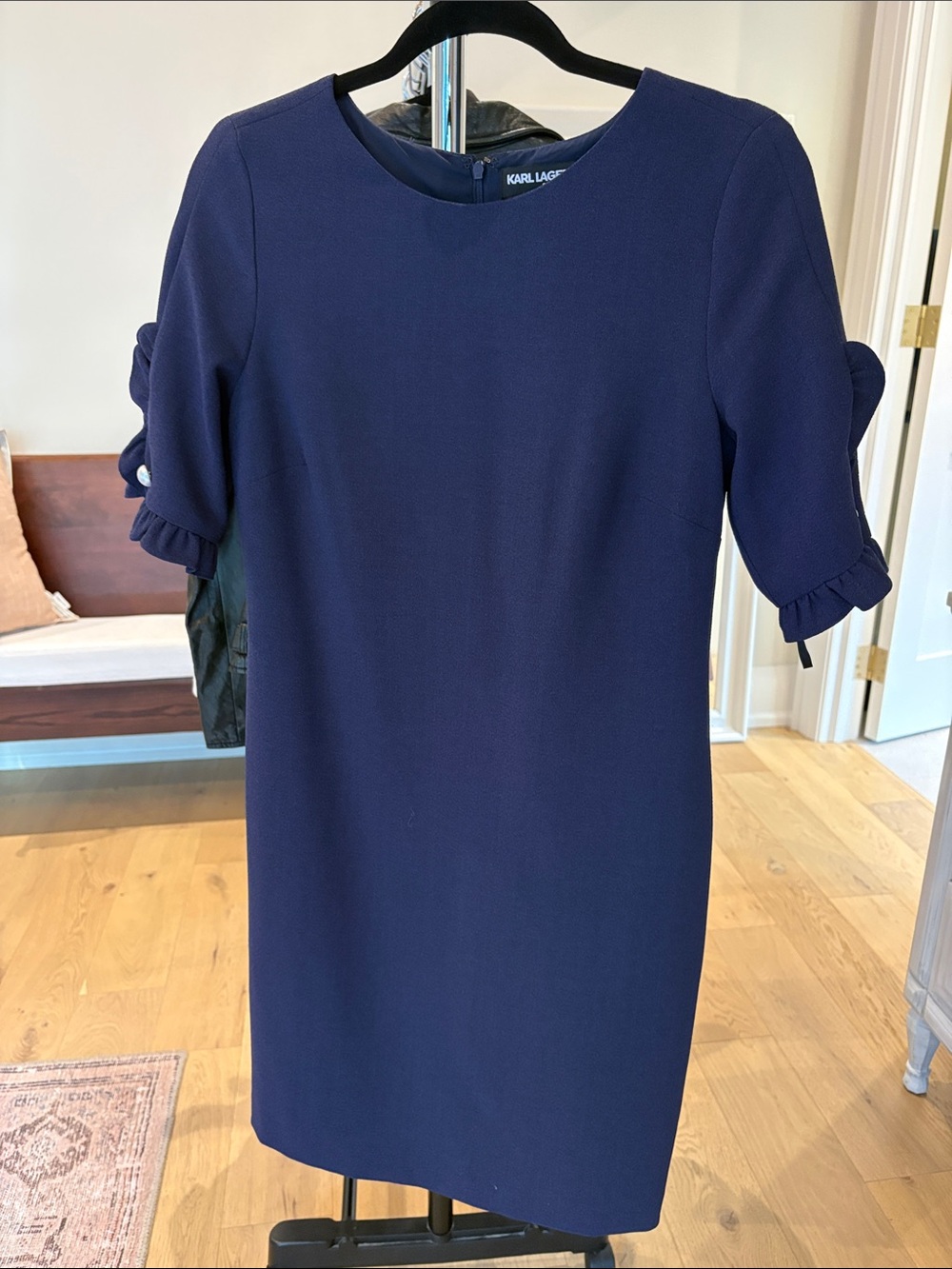 Karl Lagerfeld Navy Ruffle-Sleeve Midi Shift Dress